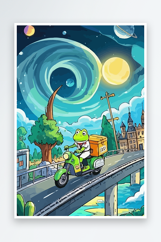 青蛙孩童骑车风景插画元素-众图网