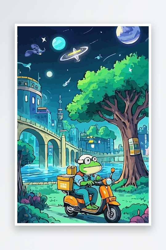 青蛙孩童骑车风景插画元素-众图网