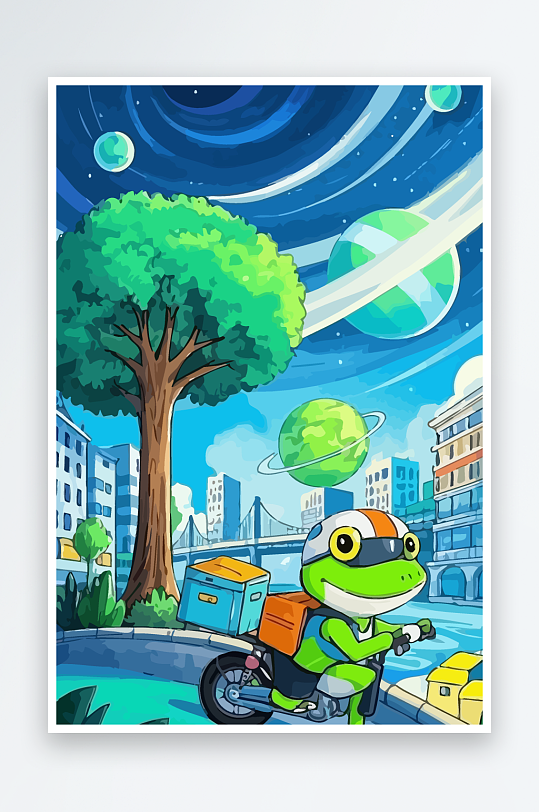 青蛙孩童骑车风景插画元素-众图网
