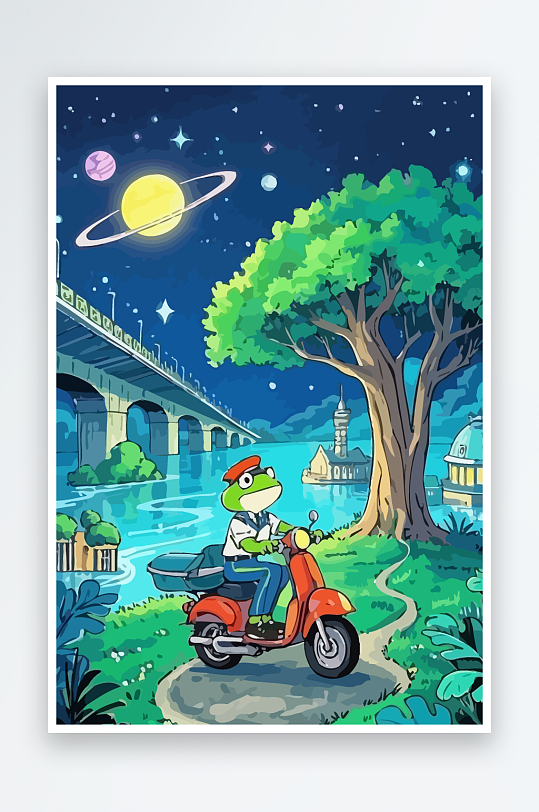 青蛙孩童骑车风景插画-众图网
