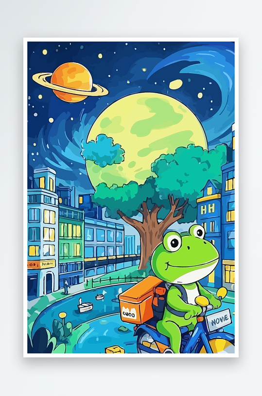 青蛙孩童骑车风景插画-众图网