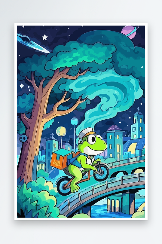 青蛙孩童骑车风景插画-众图网
