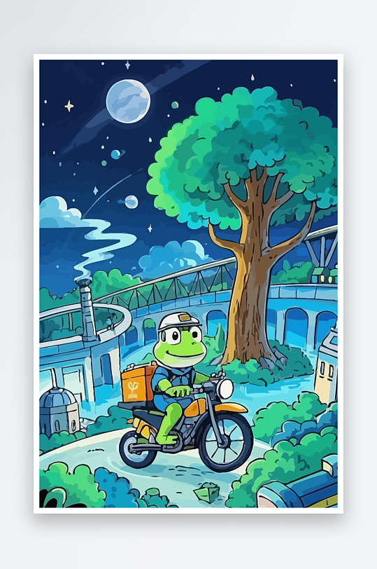 青蛙孩童骑车风景插画-众图网