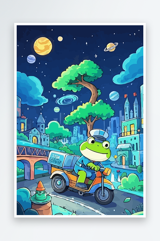 青蛙孩童骑车风景插画-众图网