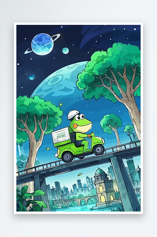 青蛙孩童骑车风景插画-众图网