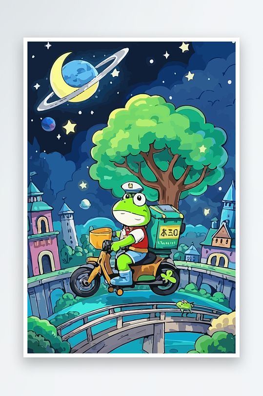 青蛙孩童骑车风景插画-众图网