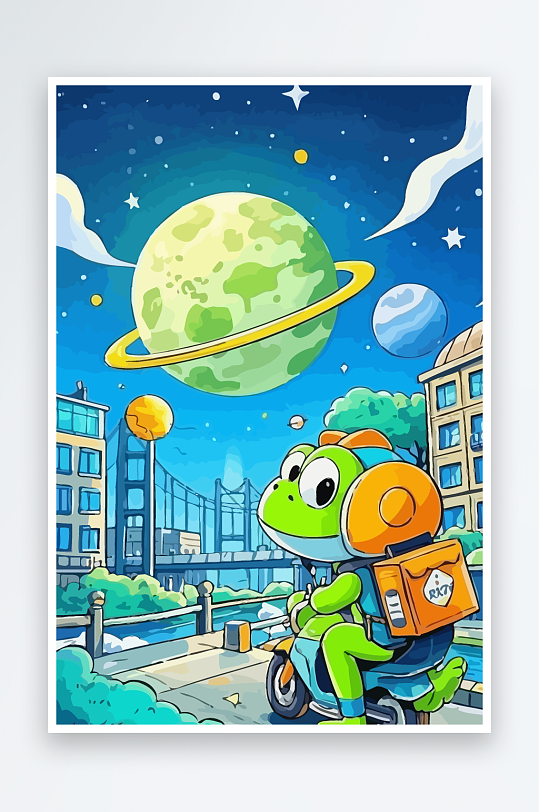 青蛙孩童骑车风景插画-众图网