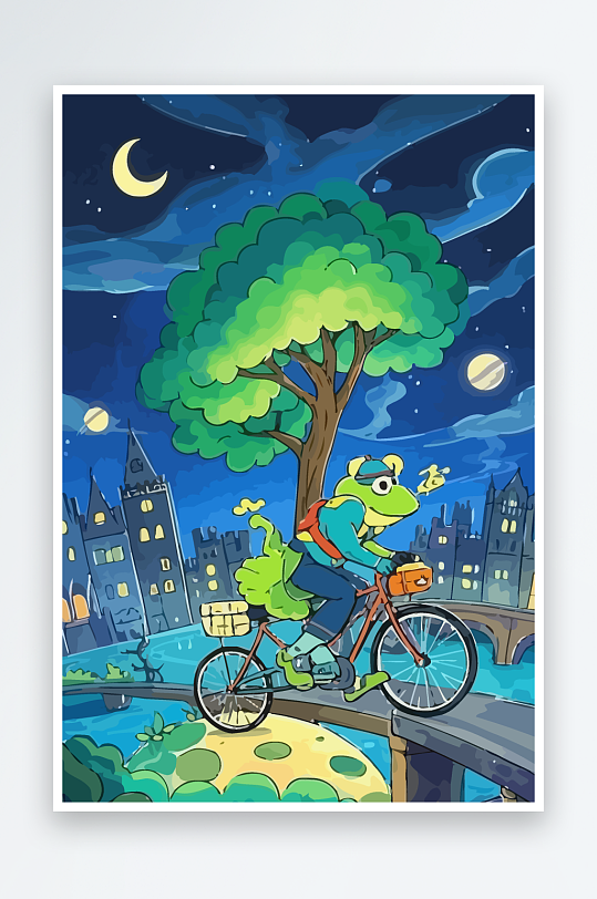 青蛙孩童骑车风景插画-众图网