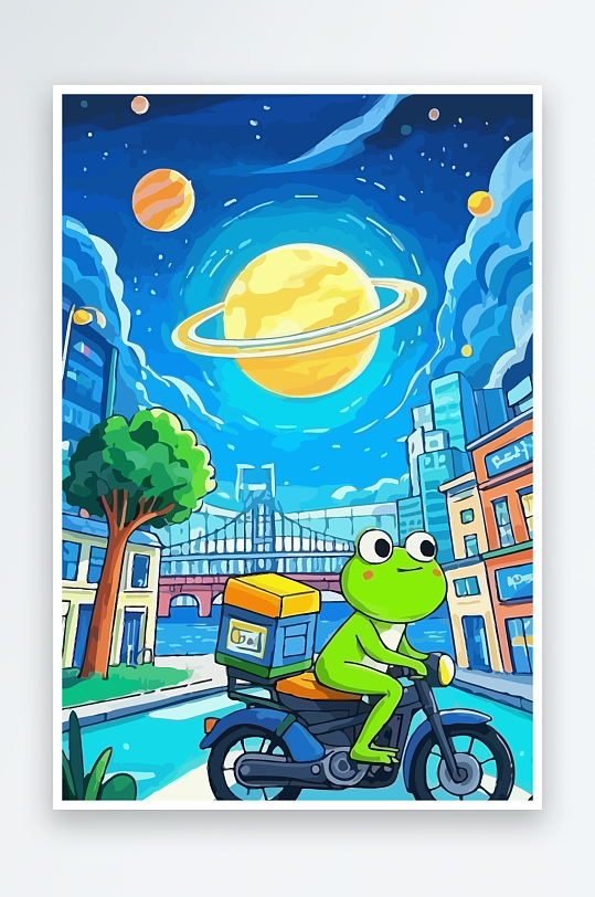 青蛙孩童骑车风景插画-众图网