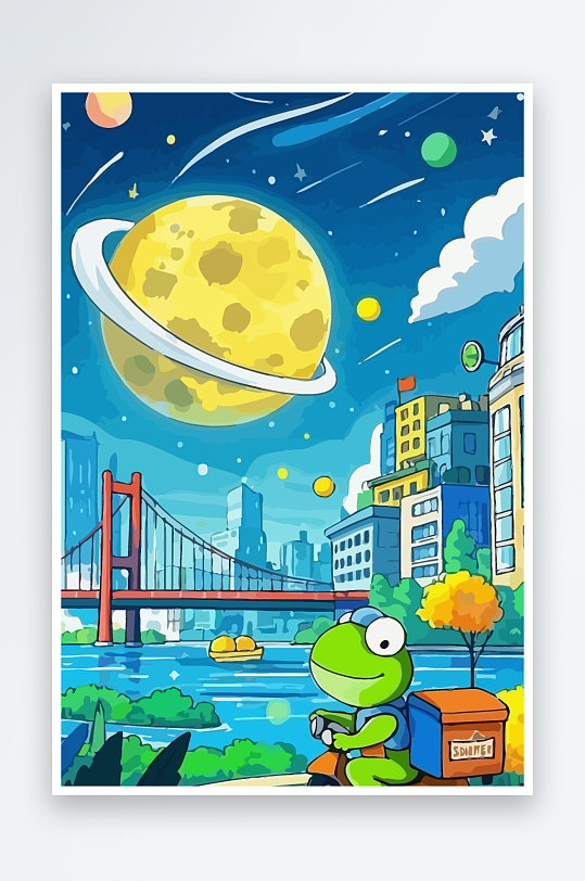 青蛙孩童骑车风景插画-众图网