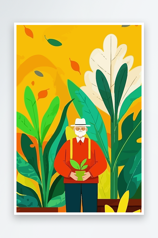 老人园丁绿植插画元素-众图网