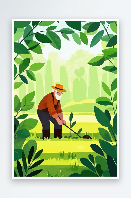 老人园丁绿植插画元素-众图网