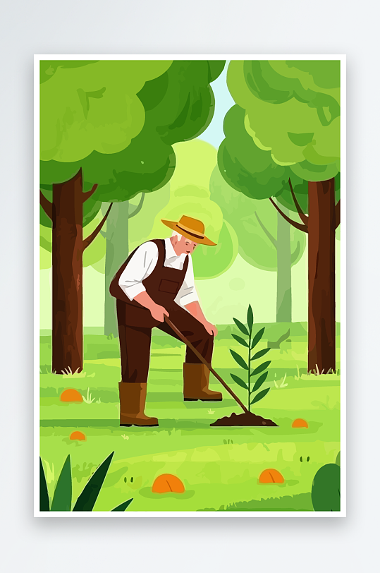 老人园丁绿植插画元素-众图网