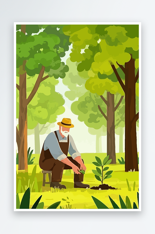 老人园丁绿植插画元素-众图网