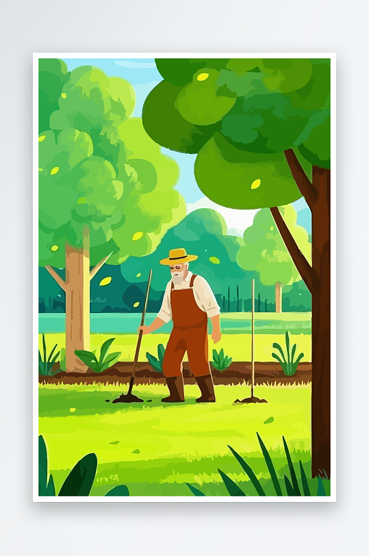 老人园丁绿植插画元素-众图网