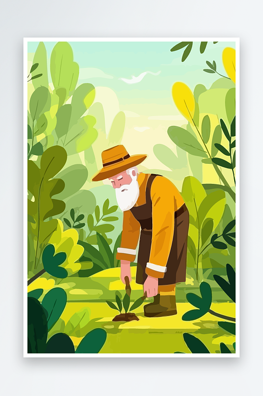 老人园丁绿植插画元素-众图网