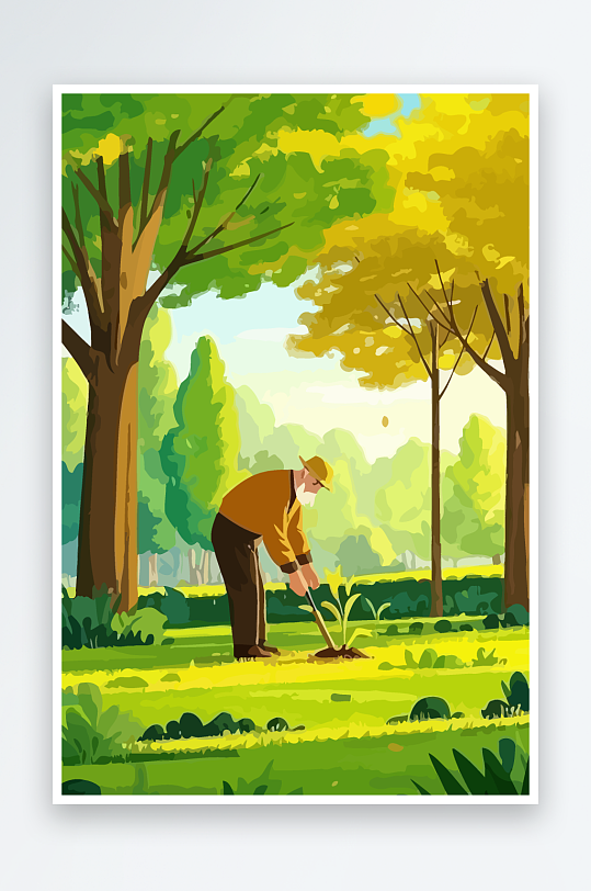 老人园丁绿植插画元素-众图网