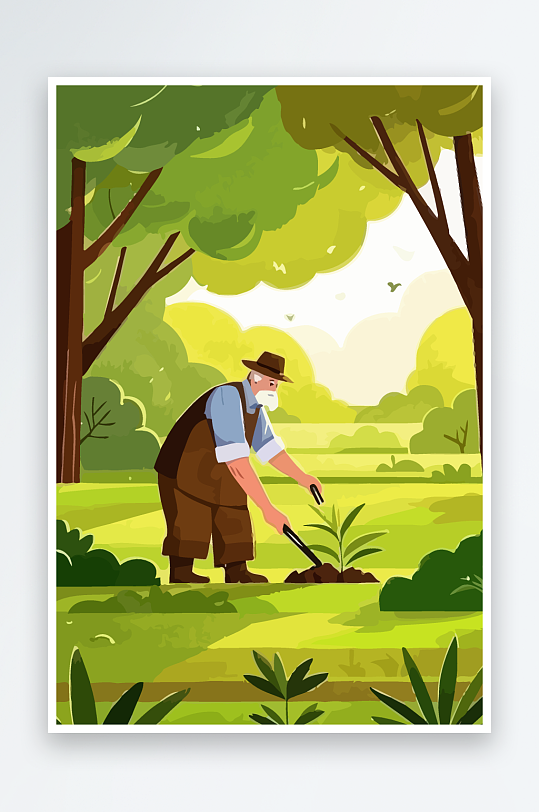 老人园丁绿植插画元素-众图网