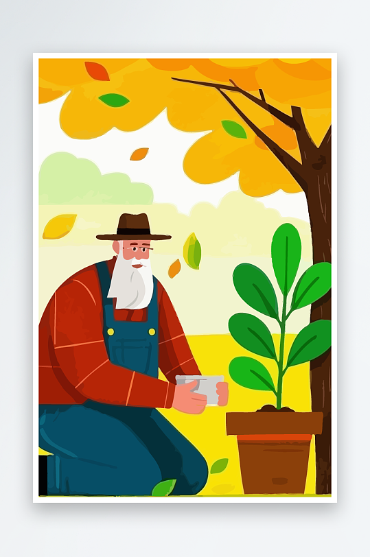 老人园丁绿植插画元素-众图网