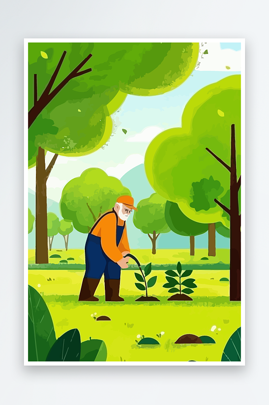 老人园丁绿植插画元素-众图网