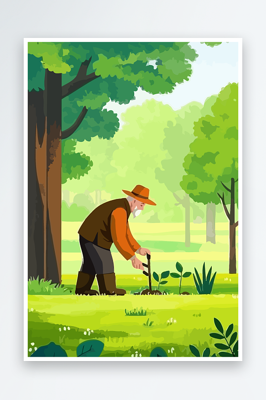 老人园丁绿植插画元素-众图网