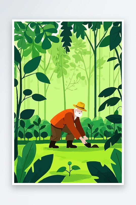 老人园丁绿植插画-众图网