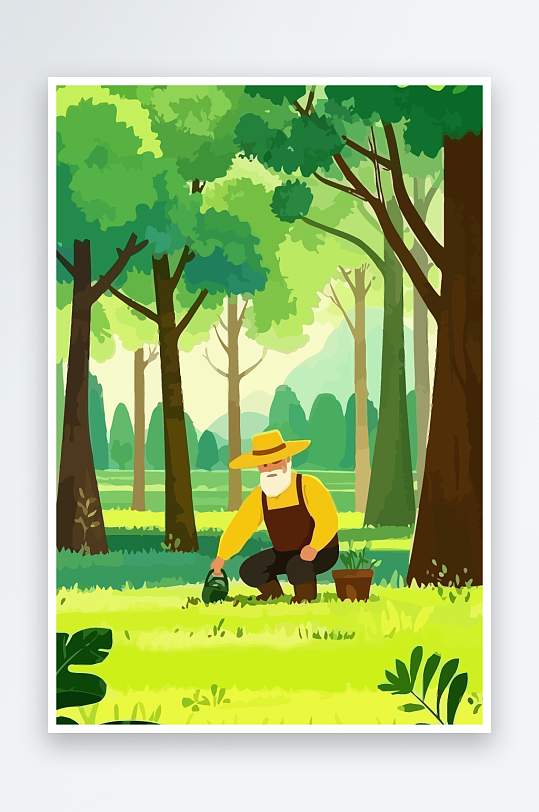 老人园丁绿植插画-众图网