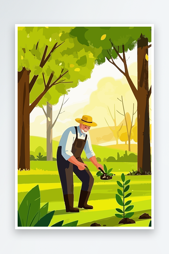 老人园丁绿植插画-众图网