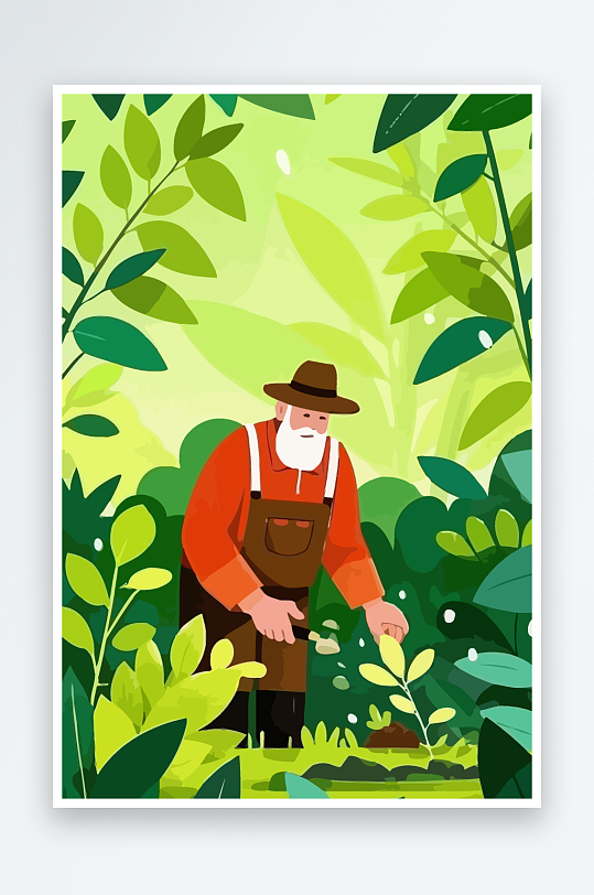 老人园丁绿植插画-众图网