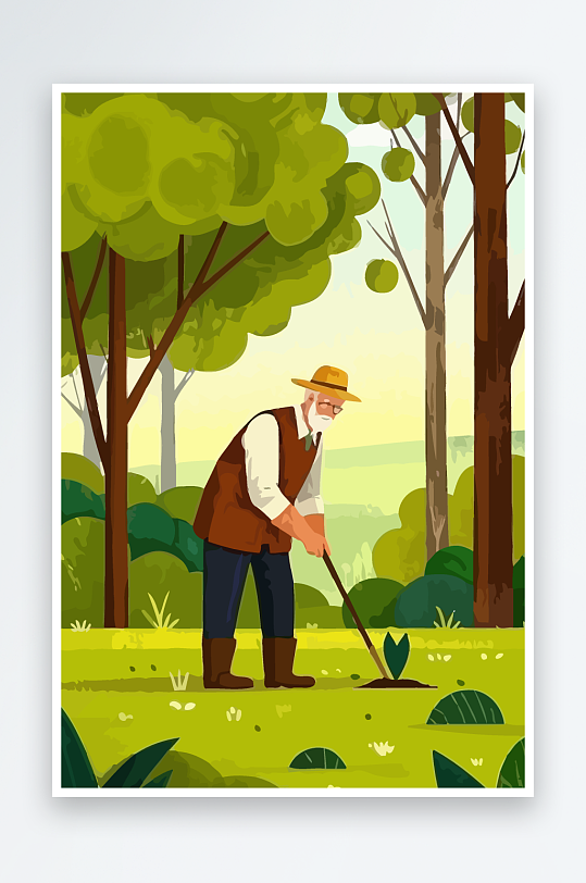 老人园丁绿植插画-众图网
