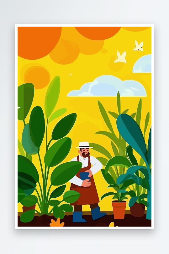 老人园丁绿植插画-众图网