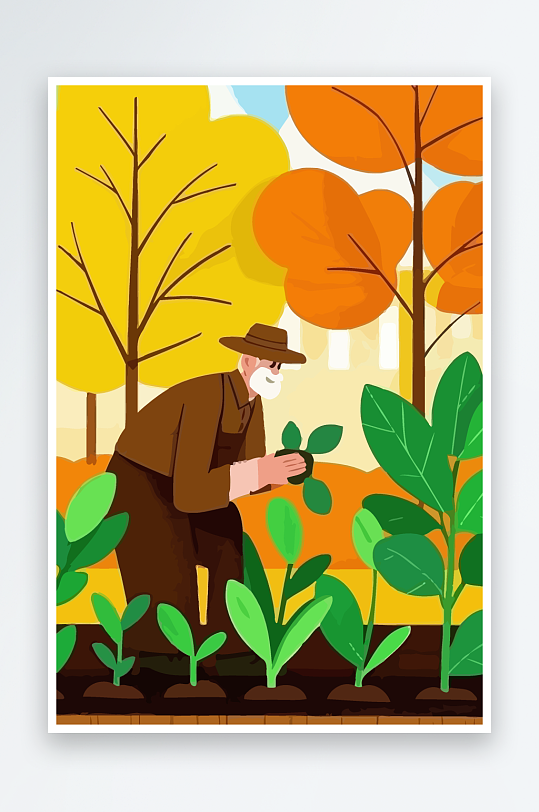 老人园丁绿植插画-众图网