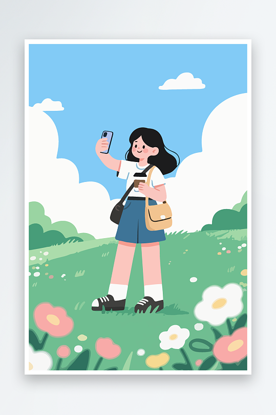 卡通女孩户外自拍插画-众图网