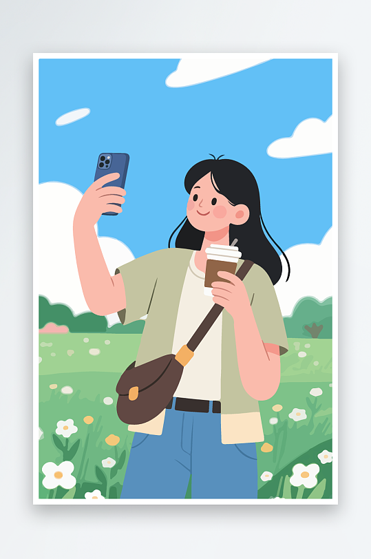 卡通女孩户外自拍插画-众图网