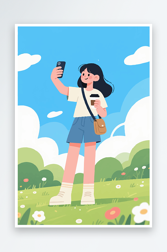 卡通女孩户外自拍插画-众图网