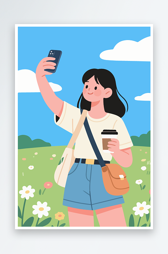 卡通女孩户外自拍插画-众图网