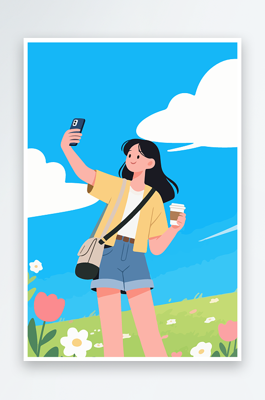 卡通女孩户外自拍插画-众图网
