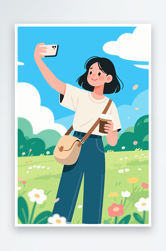卡通女孩户外自拍插画-众图网