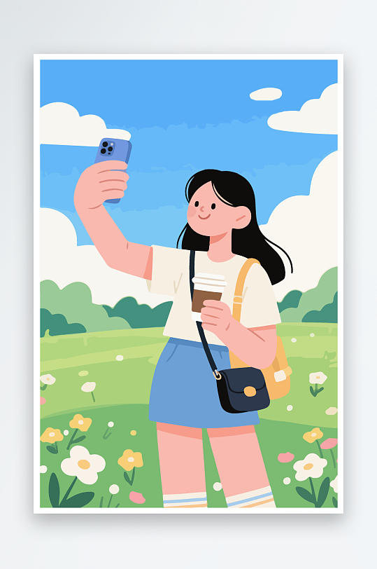 卡通女孩户外自拍插画-众图网