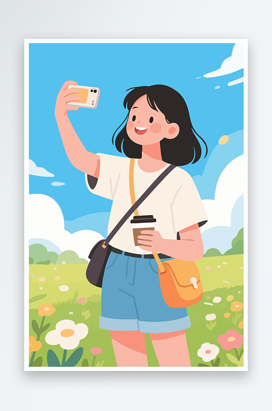 卡通女孩户外自拍插画-众图网