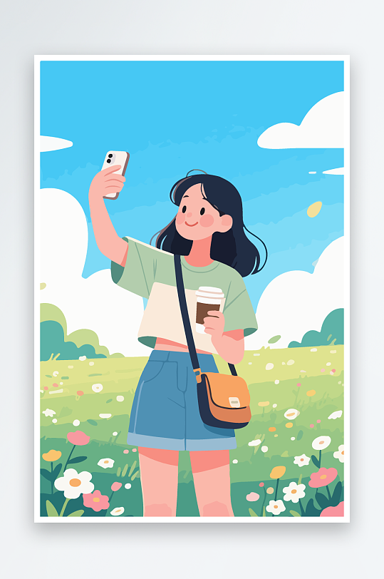 卡通女孩户外自拍插画-众图网