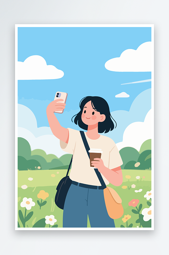 卡通女孩户外自拍插画-众图网