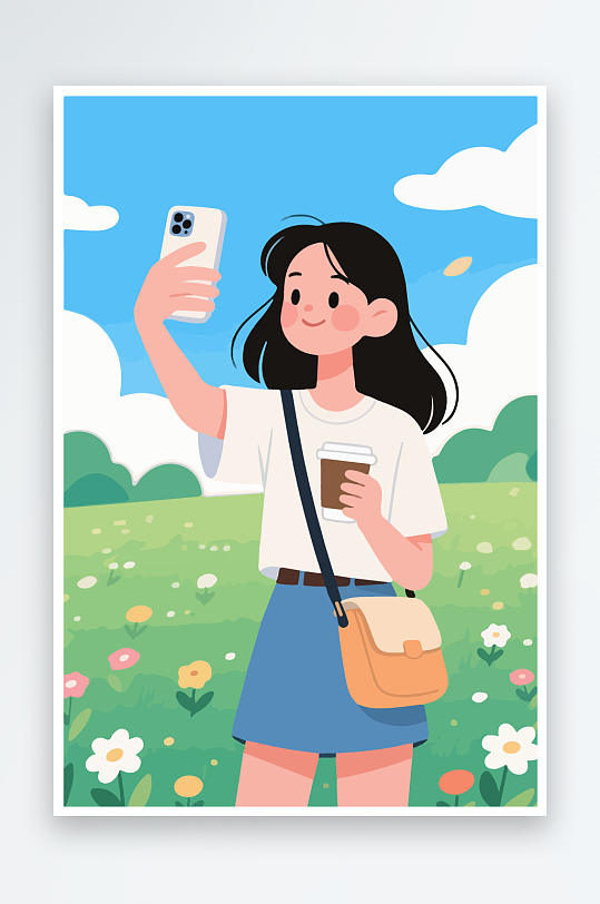 卡通女孩户外自拍插画-众图网