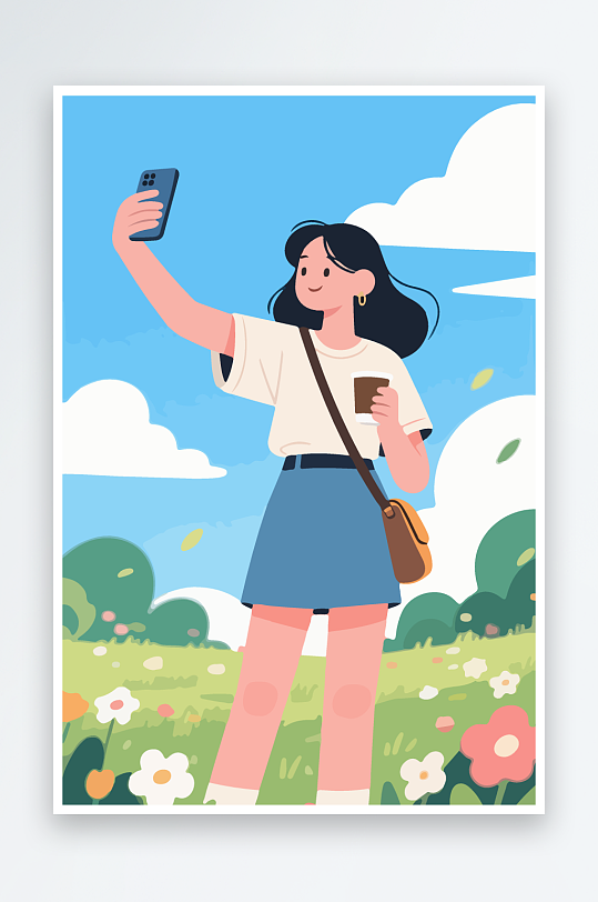 卡通女孩户外自拍插画-众图网