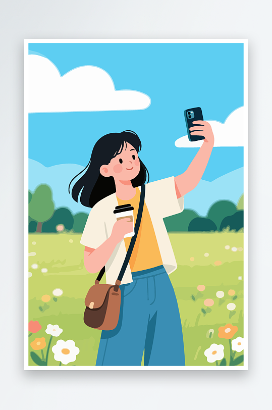 卡通女孩户外自拍插画-众图网