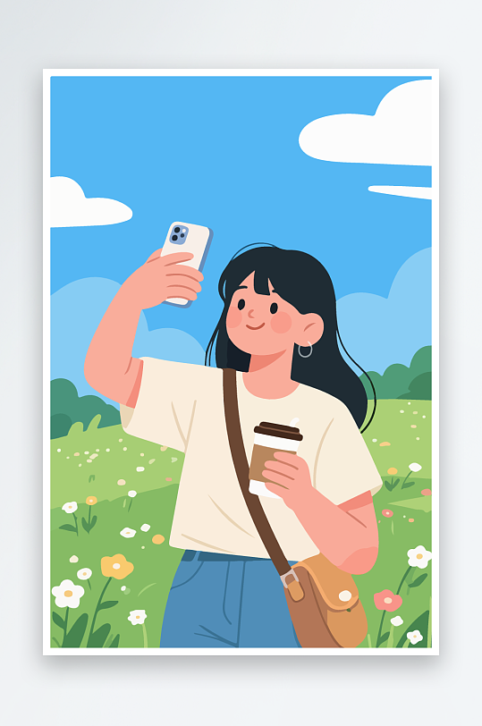卡通女孩户外自拍插画-众图网