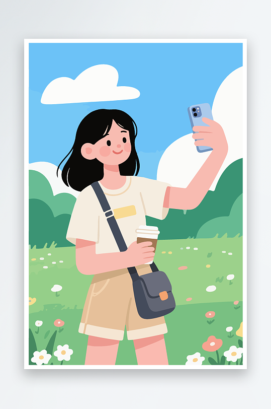 卡通女孩户外自拍插画-众图网