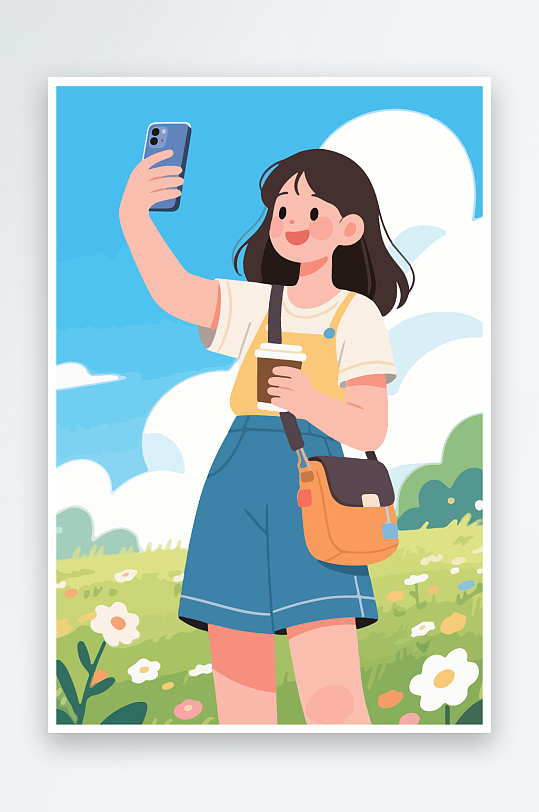 卡通女孩户外自拍插画-众图网