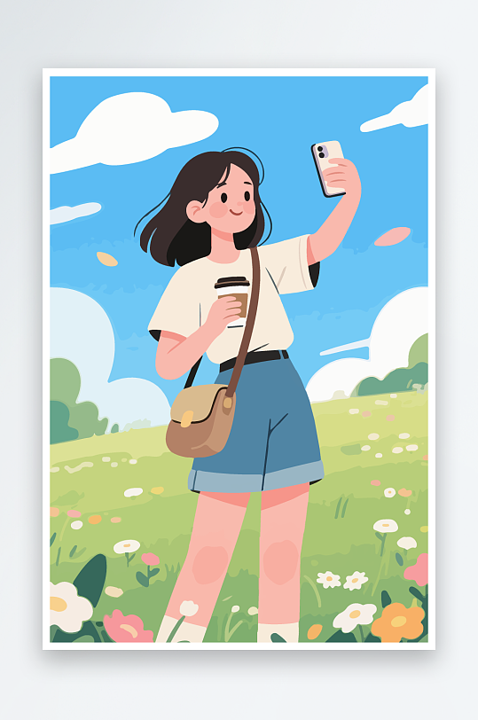卡通女孩户外自拍插画-众图网