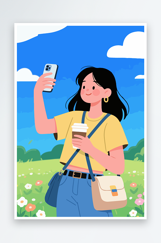 卡通女孩户外自拍插画-众图网